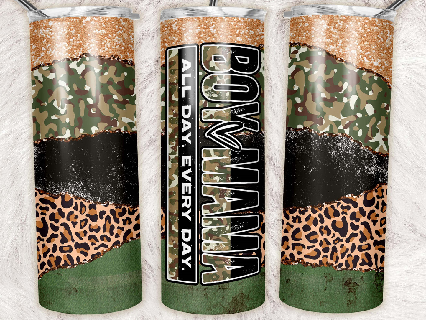 20oz skinny tumbler featuring camouflage, leopard print, black glitter, and Boy Mama All Day Every Day design.