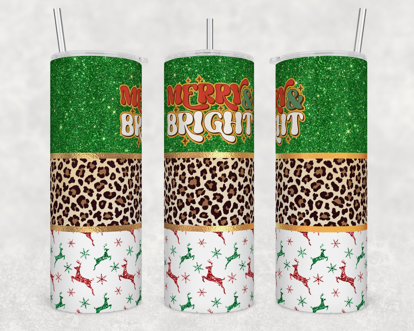 Merry & Bright Christmas Tumbler – 20oz Leopard, Reindeer Holiday Cup