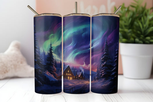 Northern Lights Winter Cabin Tumbler – 20oz Scenic Christmas Cup