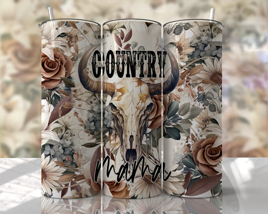 Country Mama Tumbler – Western Cow Skull Floral Design