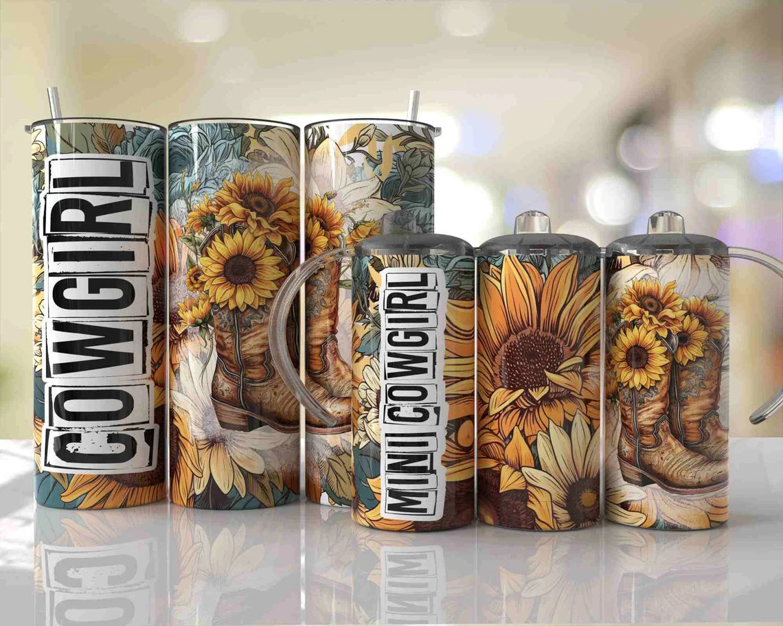 20oz skinny tumbler featuring sunflowers, cowboy boots, western floral artwork, and Cowgirl Mini Girl design.