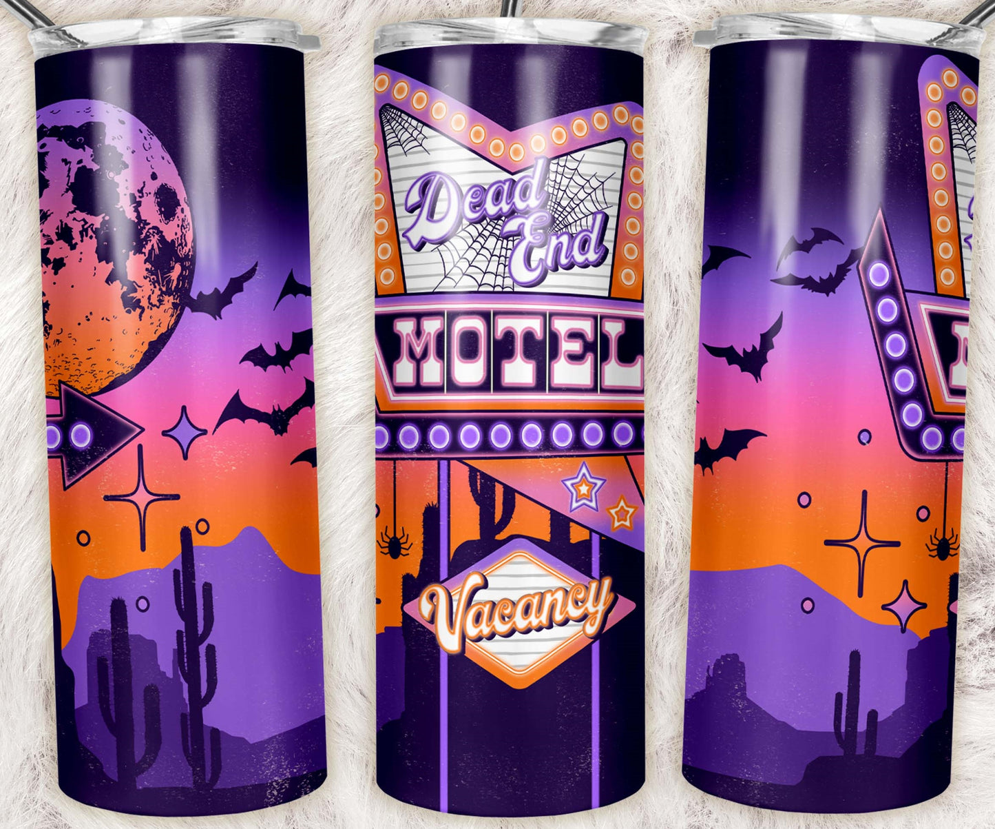 20oz skinny tumbler with retro Dead End Motel sign, desert landscape, bats, moon and spooky Halloween aesthetic.
