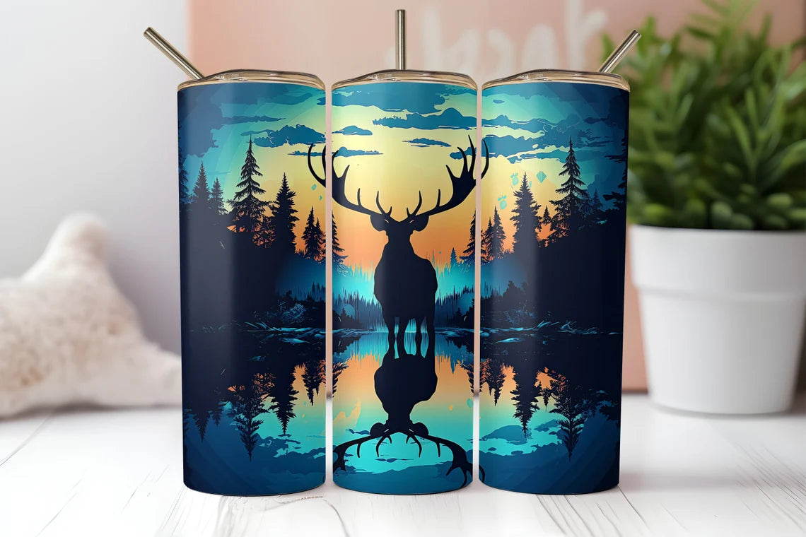 Deer Silhouette Sunset Tumbler – Wilderness Forest Reflection Design