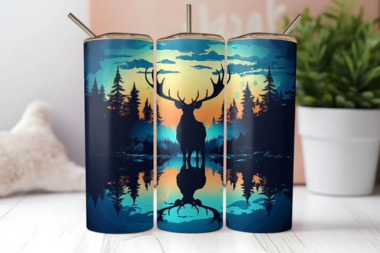 Deer Silhouette Sunset Tumbler – Wilderness Forest Reflection Design
