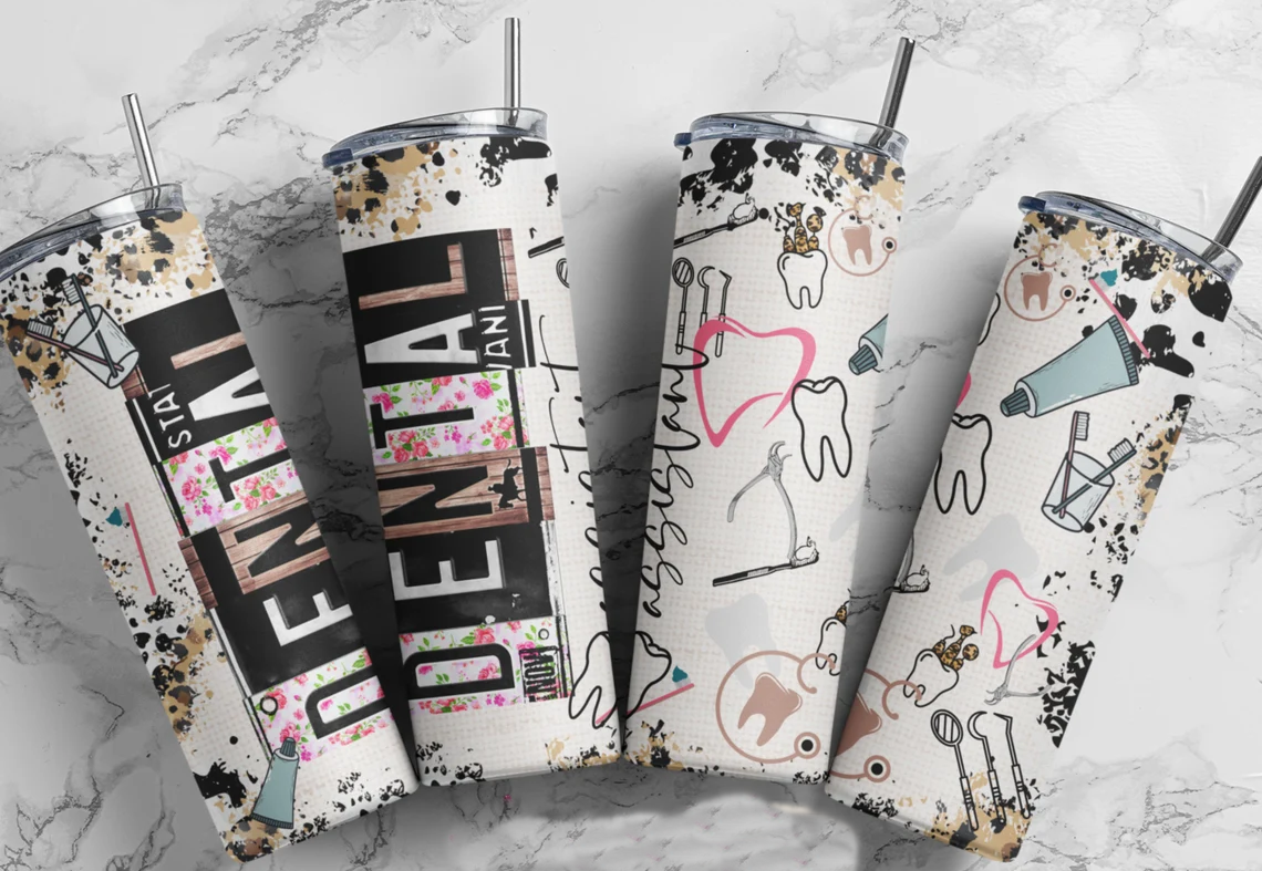 20oz skinny tumbler featuring a Dental Assistant license plate design with floral accents, wood texture, leopard print, and dental tools, perfect for dental assistants and dental office gifts.