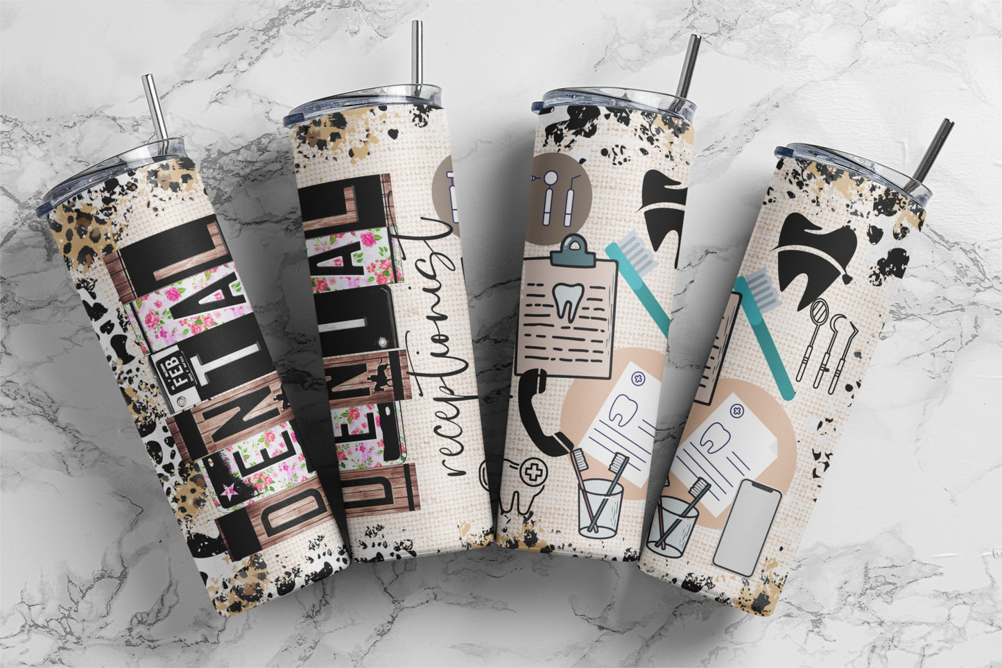 20oz skinny tumbler featuring a Dental Receptionist license plate design with floral accents, wood texture, leopard print, and dental-themed details. A thoughtful gift for dental receptionists and front desk staff.