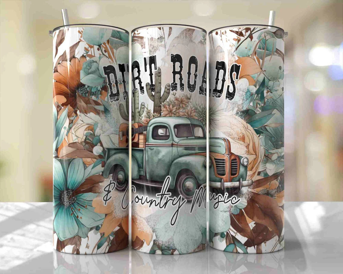 Dirt Roads & Country Music Tumbler – Vintage Truck Floral Western Cup