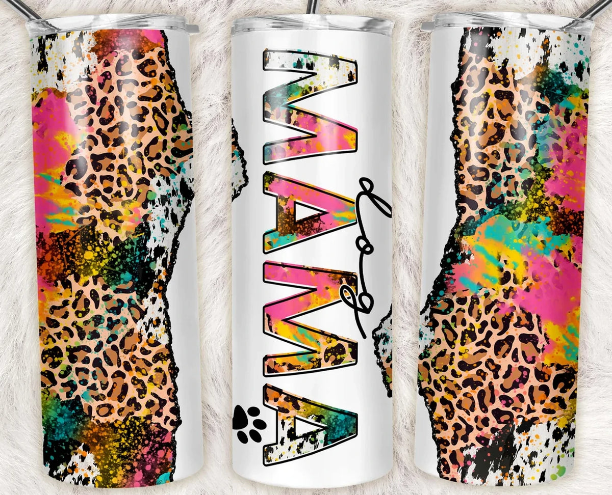 20oz skinny tumbler featuring colorful tie-dye paint splatter, leopard print accents, and custom Dog Mama name design.