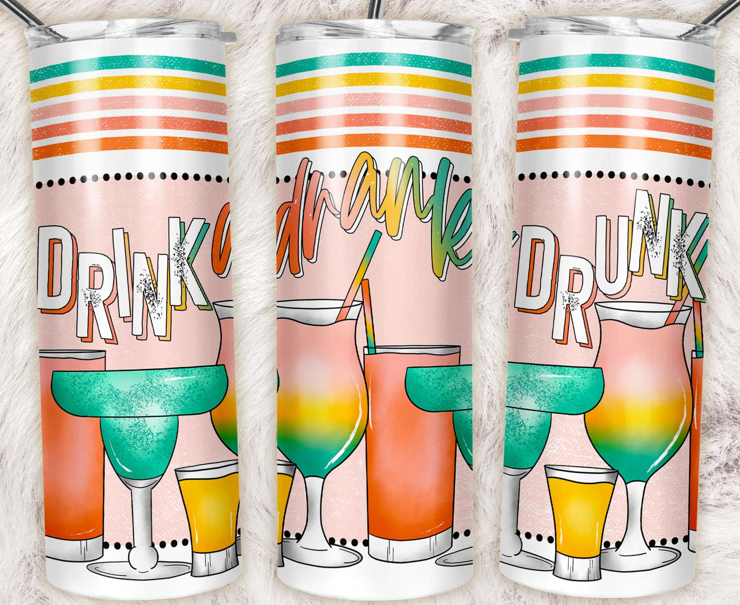 20oz stainless steel tumbler featuring colorful retro cocktail glasses, rainbow typography, and a playful "Drink Drank Drunk" design. Perfect for parties, girls' trips, and happy hour.