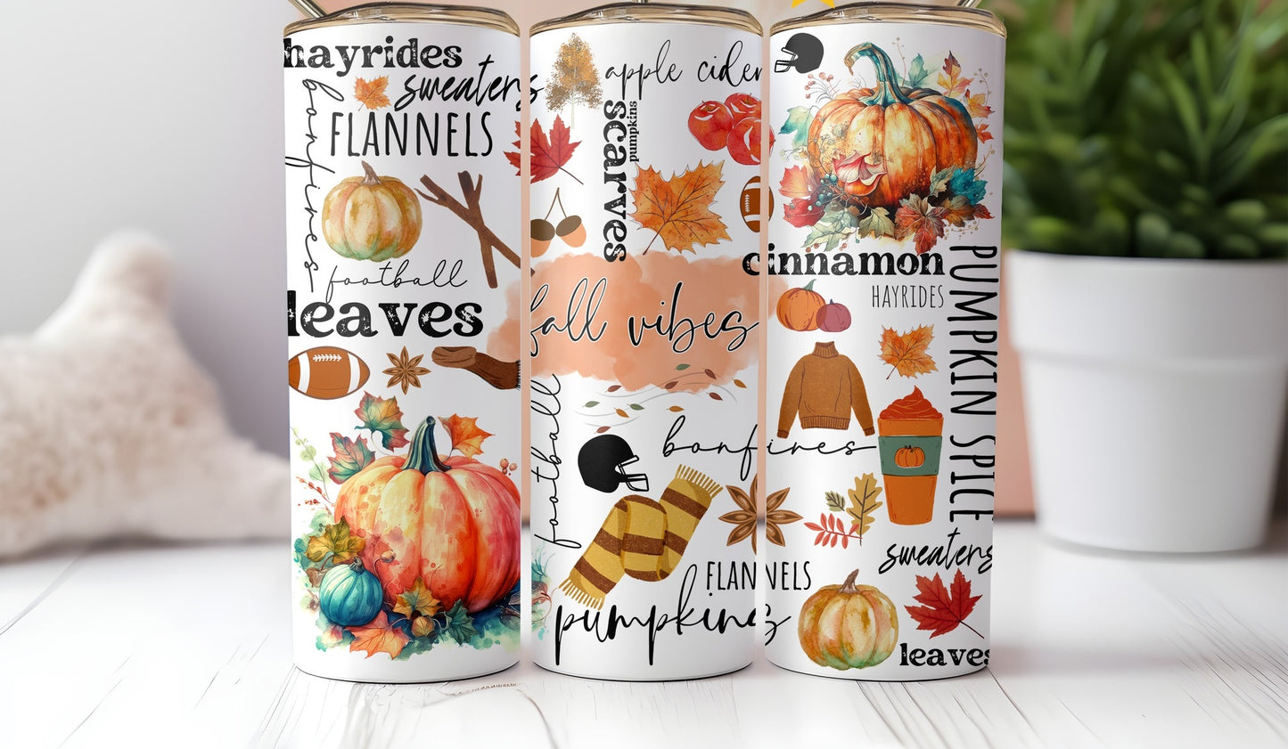 20 oz skinny tumbler featuring a watercolor fall pumpkin design with autumn leaves, apple cider, pumpkin spice, football, sweaters, flannels, cinnamon, and cozy fall vibes. Stainless steel insulated travel mug for coffee lovers.