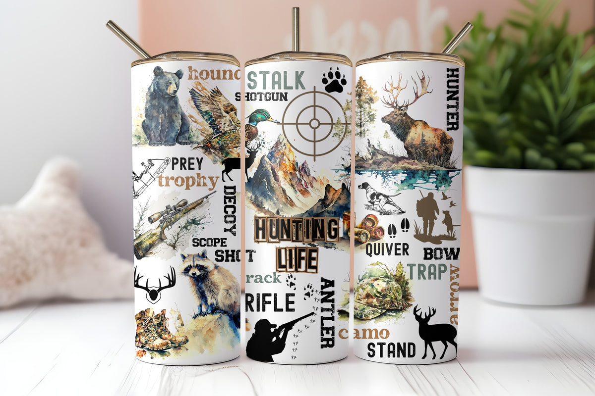 20oz skinny tumbler featuring deer, bear, duck, raccoon, rifle, and hunting-themed graphics with "Hunting Life" design.