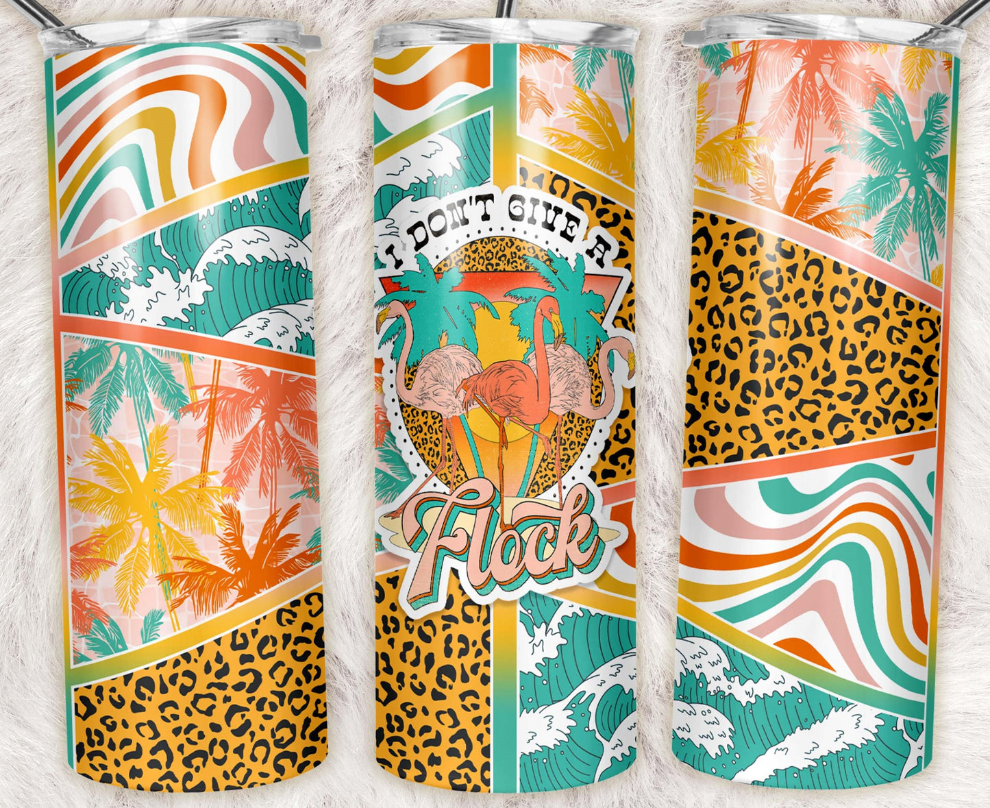 20oz stainless steel tumbler featuring retro flamingos, palm trees, leopard print, ocean waves, and "I Don't Give a Flock" lettering. Fun tropical tumbler for summer adventures.