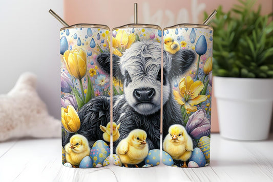 Spring Highland Cow Tumbler – Chick, Tulips & Easter Egg Cup