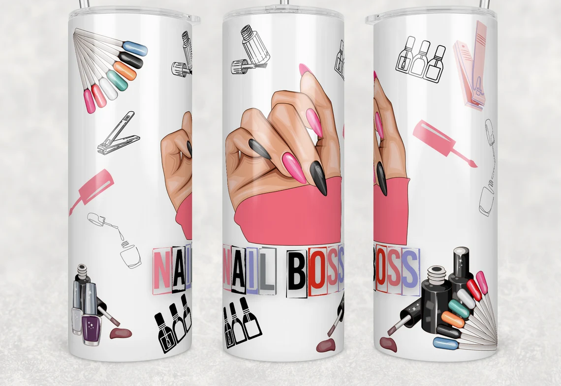 20oz skinny tumbler featuring a "Nail Boss" design with nail polish bottles, manicure tools, colorful nail swatches, and illustrated hands for nail technicians.