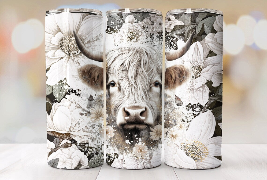 Neutral floral Highland cow tumbler with elegant white flowers and farmhouse-inspired artwork.