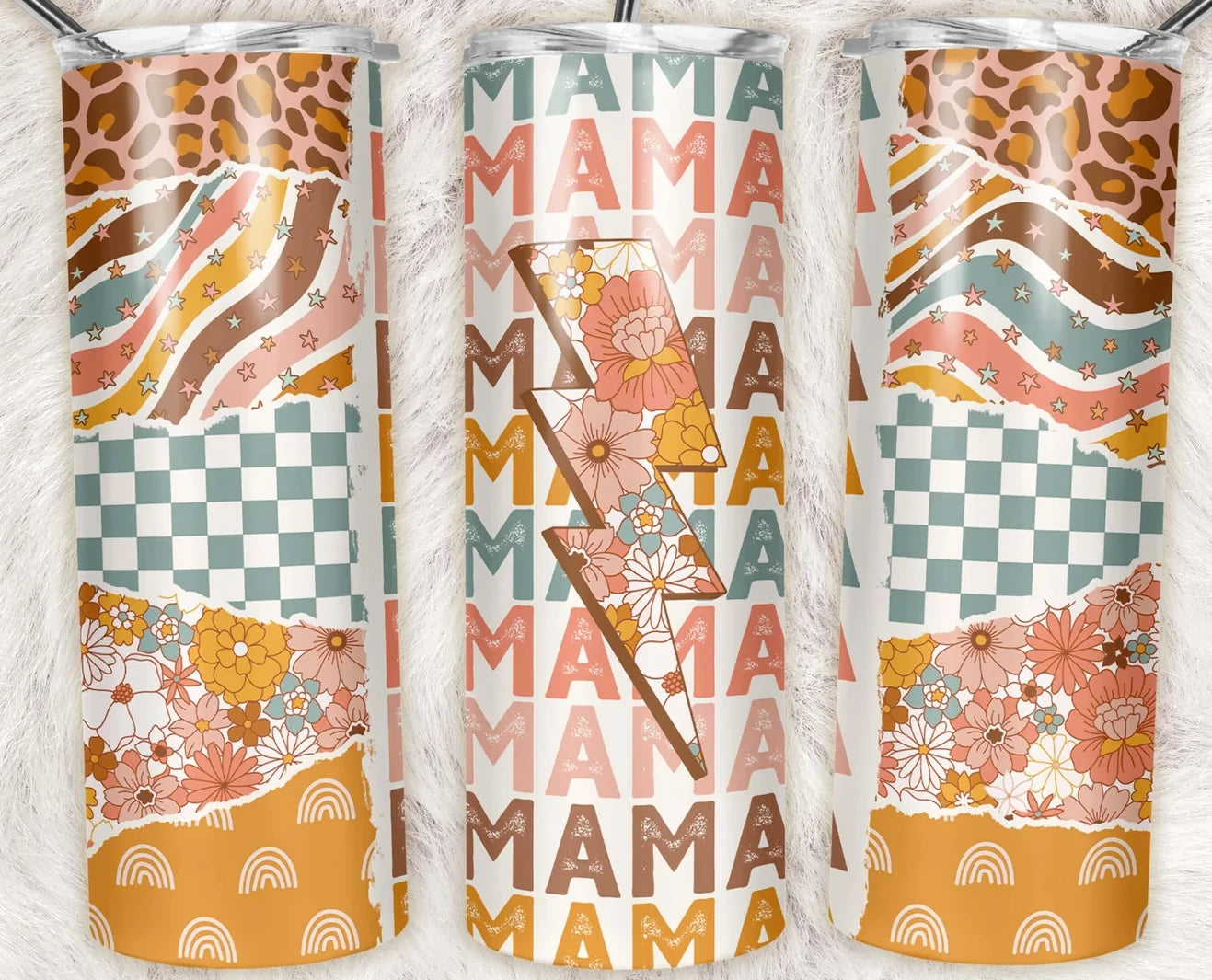 20oz skinny tumbler featuring retro neutral colors, floral lightning bolt, checkerboard pattern, and repeating Mama text.