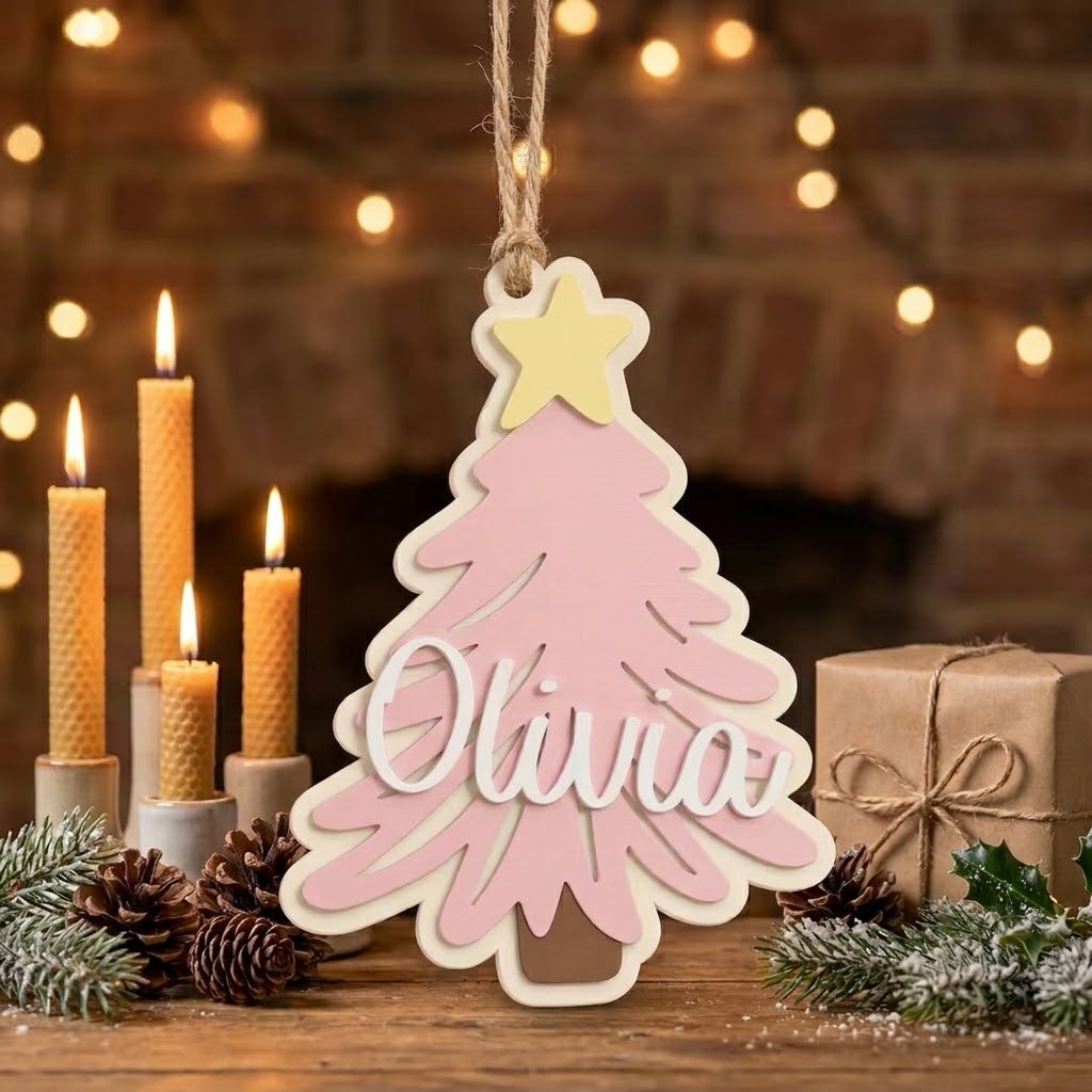 Pink personalized Christmas tree ornament with custom name displayed on a rustic holiday table setting.