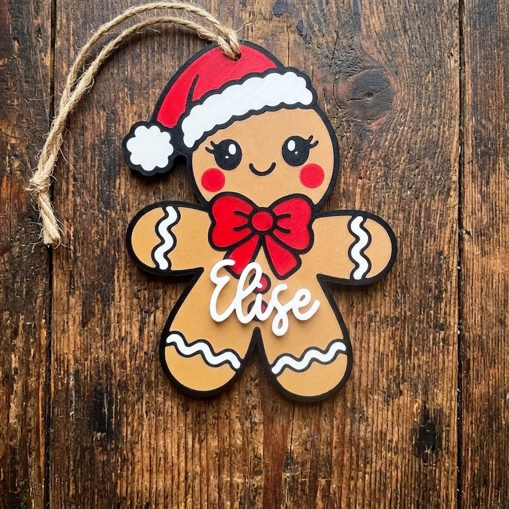 A custom personalized gingerbread person Christmas ornament wearing a Santa hat and a red bow with the name Elise, hanging on a rustic wooden background