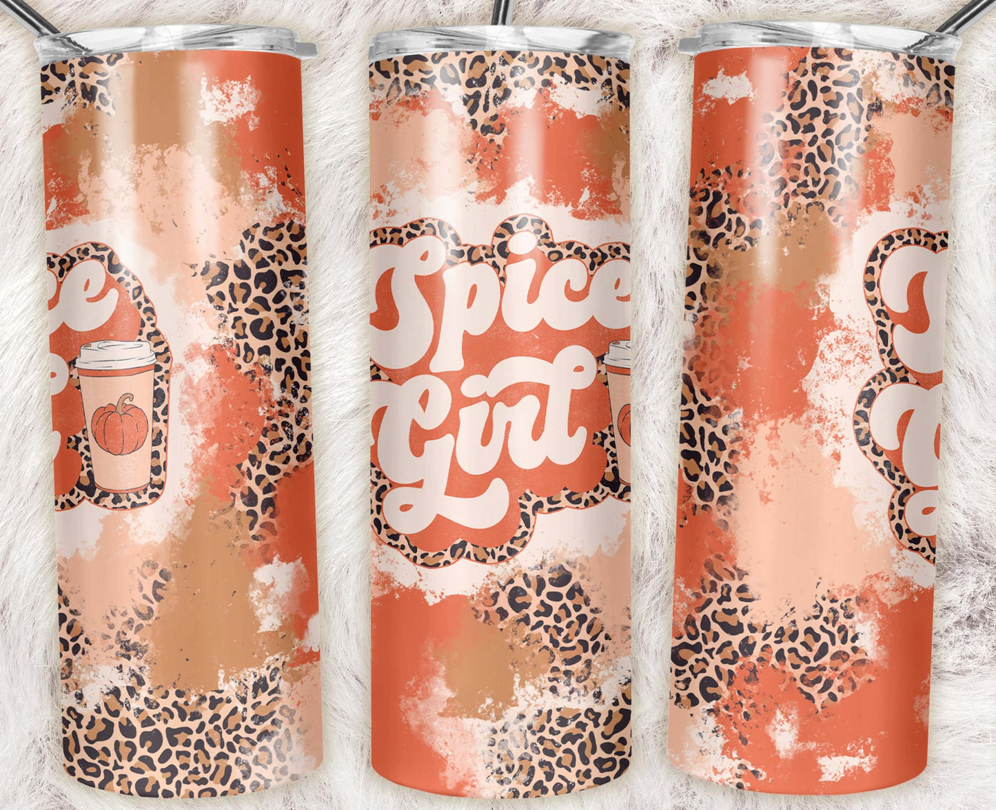 20 oz skinny tumbler featuring a design with pumpkin coffee cup, leopard print, warm fall colors, and retro typography. Stainless steel insulated travel mug for pumpkin spice lovers and autumn coffee fans.