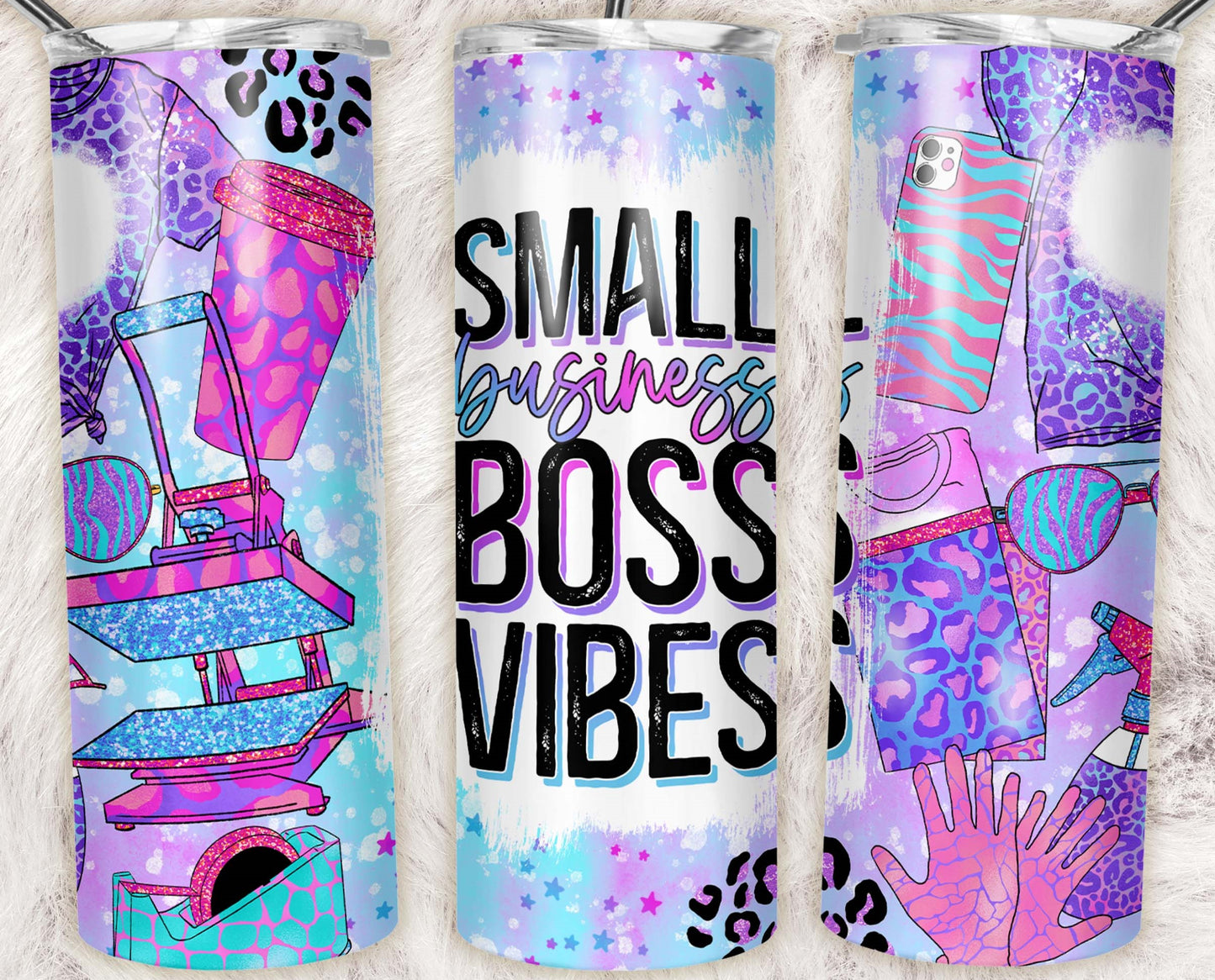 Purple and blue Small Business Boss Vibes 20 oz skinny tumbler with a glitter heat press, leopard print, zebra phone case, coffee cup, and colorful business owner graphics.