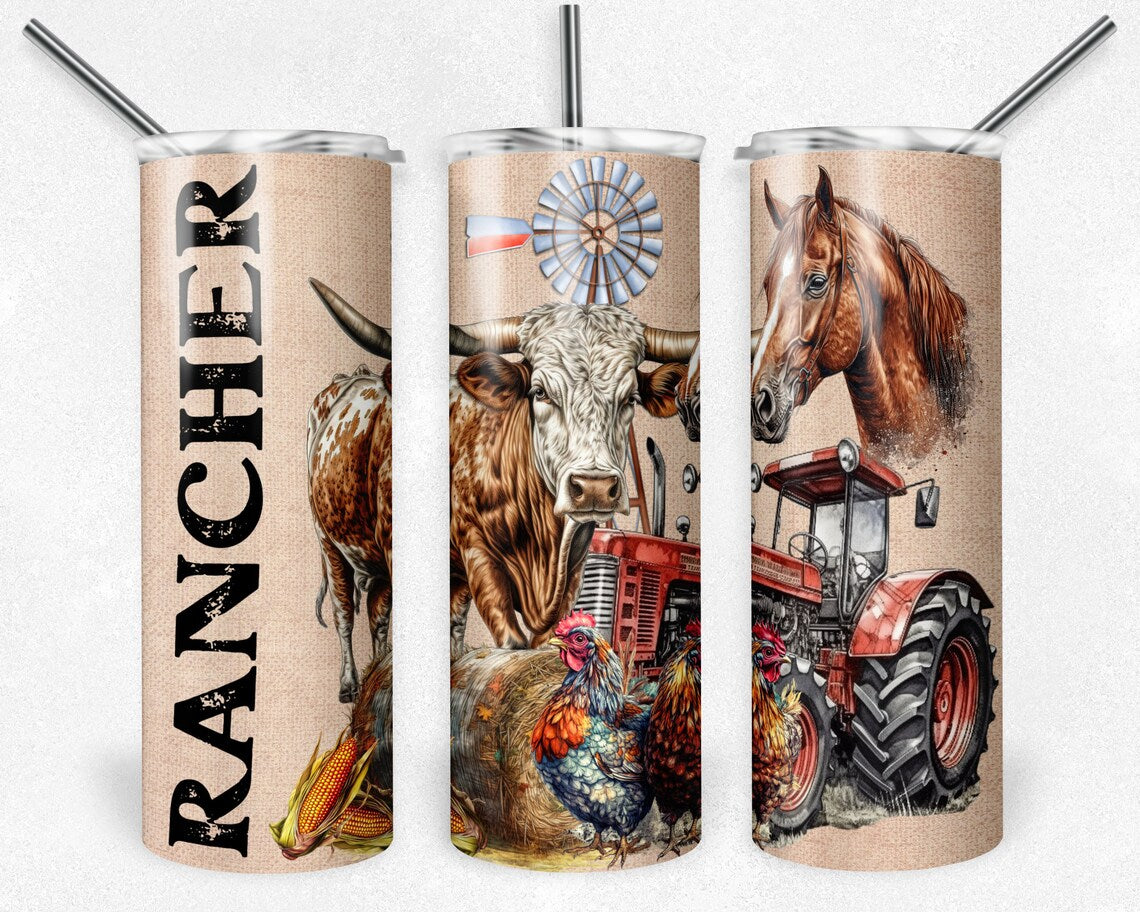 Rancher Tumbler – Western Farm Cup with Bull, Horse & Tractor – Country Life Drinkware for Cow boys & Ranch Hands