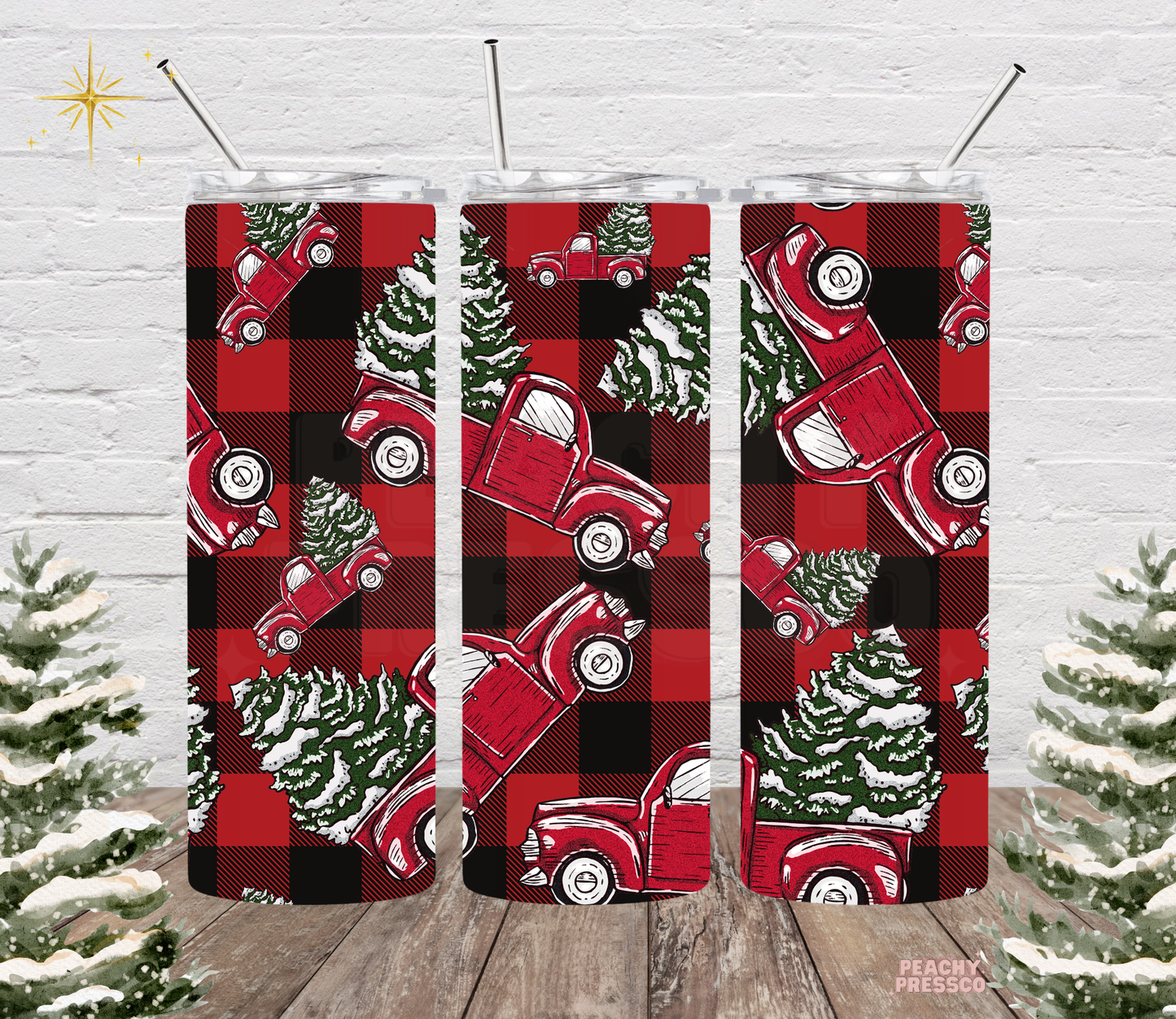 20oz stainless steel tumbler with red and black buffalo plaid background featuring vintage red pickup trucks carrying snowy Christmas trees.