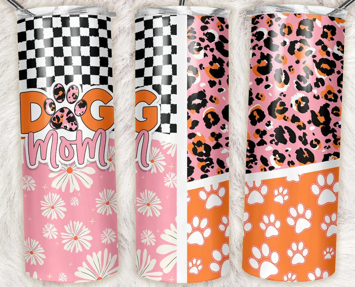 Retro Dog Mom 20oz skinny tumbler featuring pink leopard print, orange paw prints, daisies, and black checkerboard pattern.