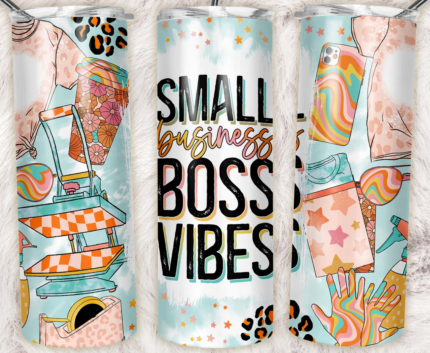 Retro Small Business Boss Vibes 20 oz skinny tumbler featuring pastel orange, teal, and pink colors with a heat press, retro phone case, floral coffee cup, sunglasses, and business owner theme.