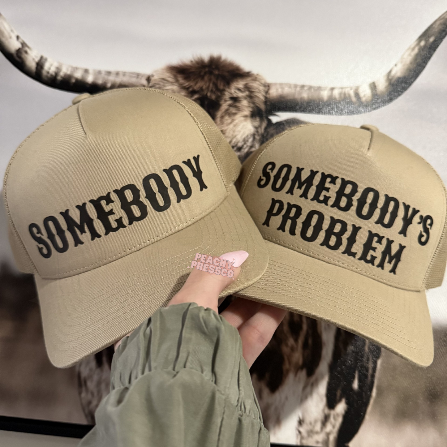 Matching tan trucker hats, western lettering, perfect for country concerts, rodeos, couples, and cowboy-inspired style.