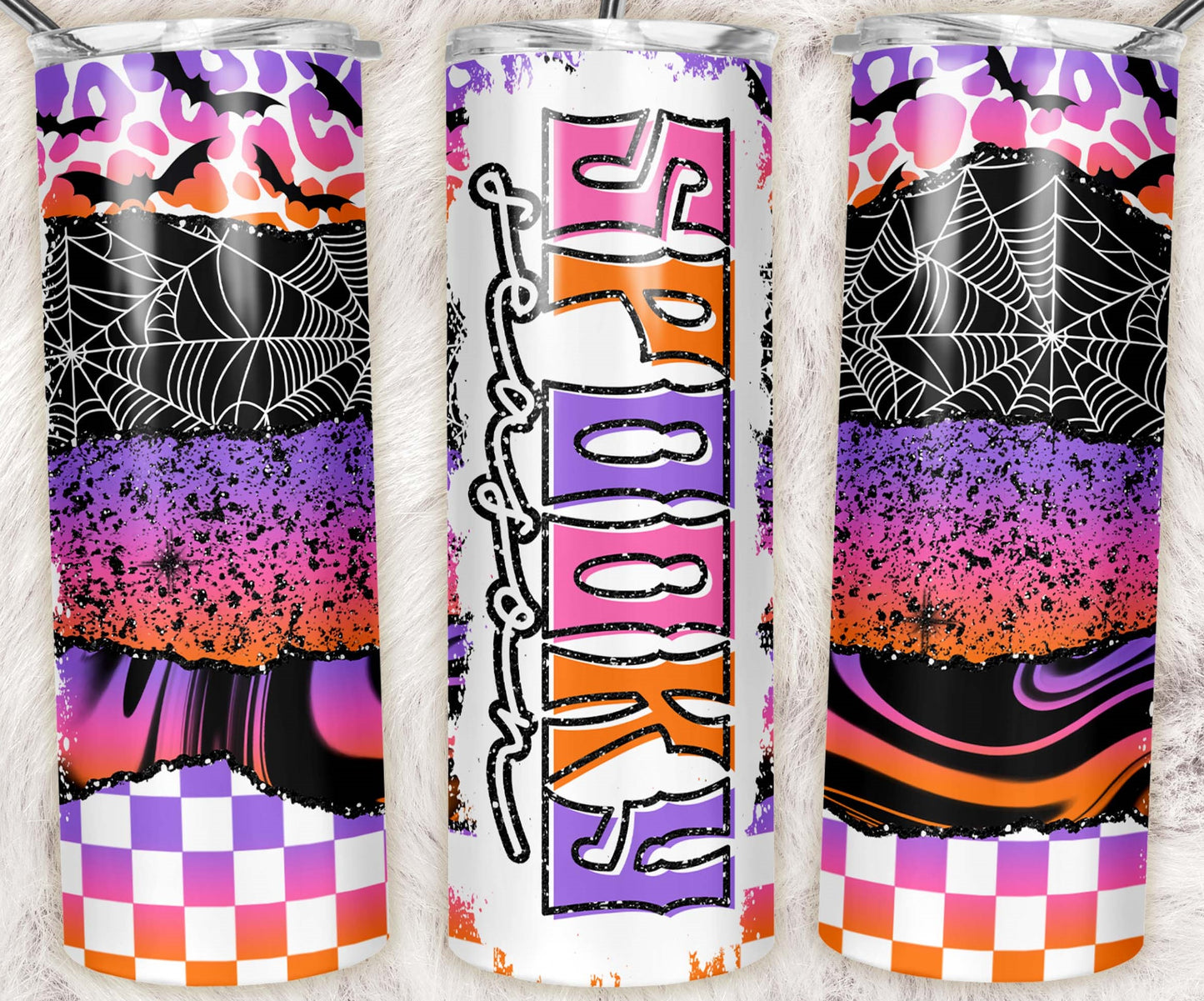 20oz skinny tumbler with Spooky text, pink and purple retro Halloween patterns, spider webs and checkerboard accents.