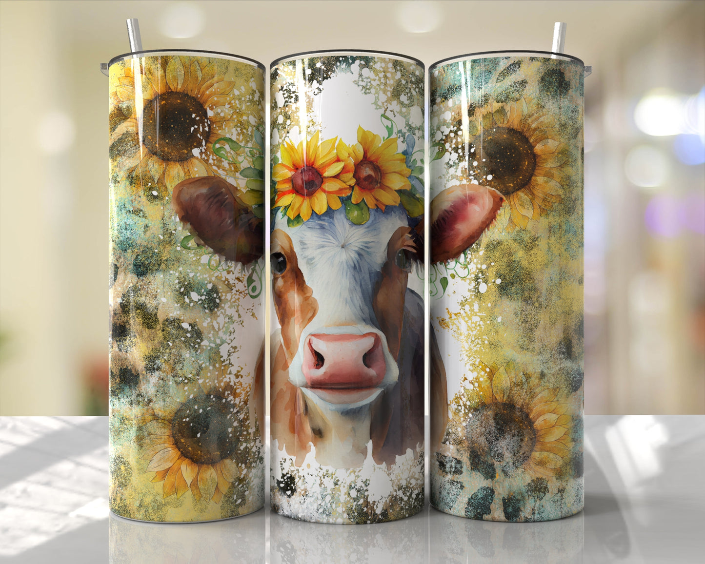 Watercolor cow with sunflower crown surrounded by rustic sunflower artwork on a full wrap 20oz skinny tumbler.