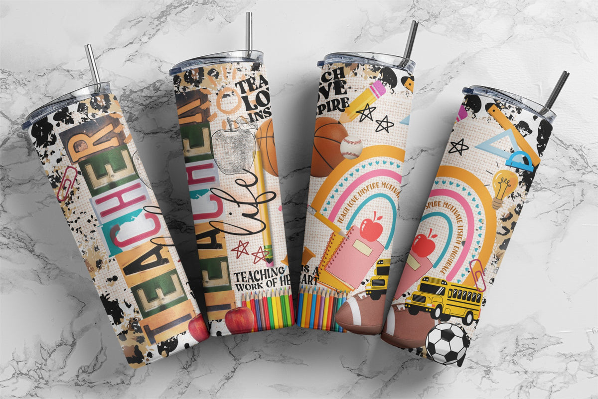 20oz skinny tumbler featuring books, pencils, apples, school buses, sports, and "Teacher Life" collage design.