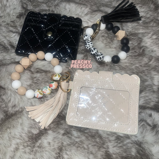 Cow Print & Floral Silicone Bead Wristlet Keychain with Quilted Card Holder – Stylish & Functional