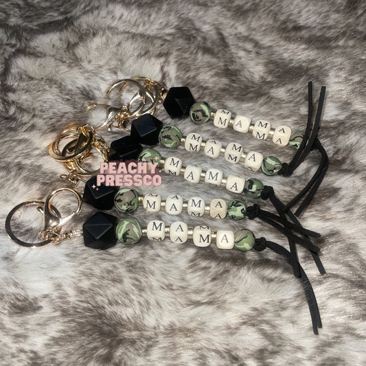 MAMA Camo Beaded Keychain – Black, Green Camo Beads & Gold Clip