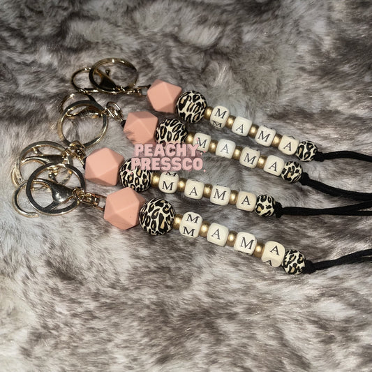 MAMA Leopard Beaded Keychain – Peach, Gold & Leopard Print Beads