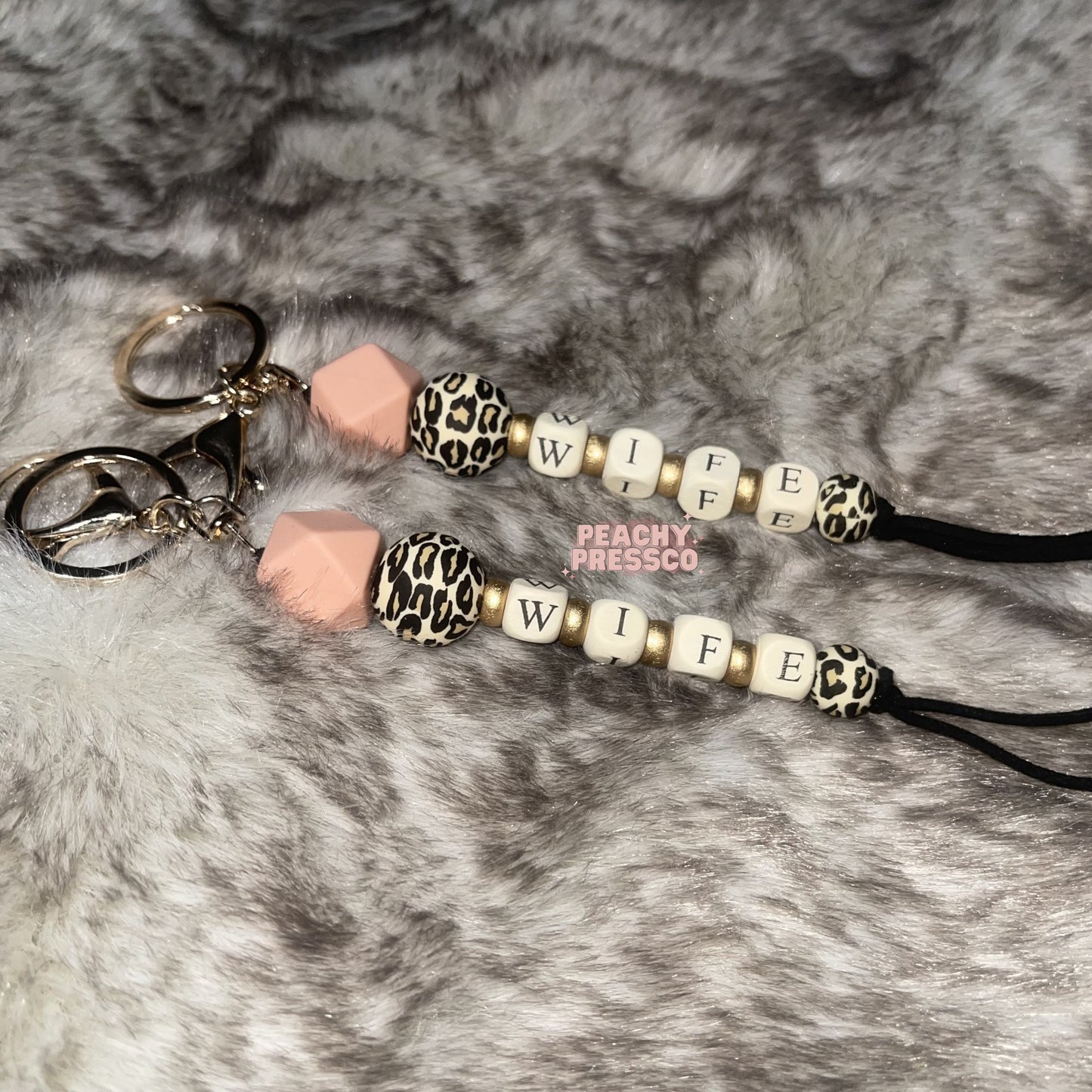 WIFE Beaded Keychain – Leopard Print & Blush Pink Silicone Charm