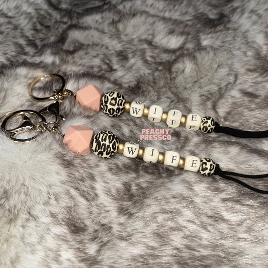 WIFE Beaded Keychain – Leopard Print & Blush Pink Silicone Charm