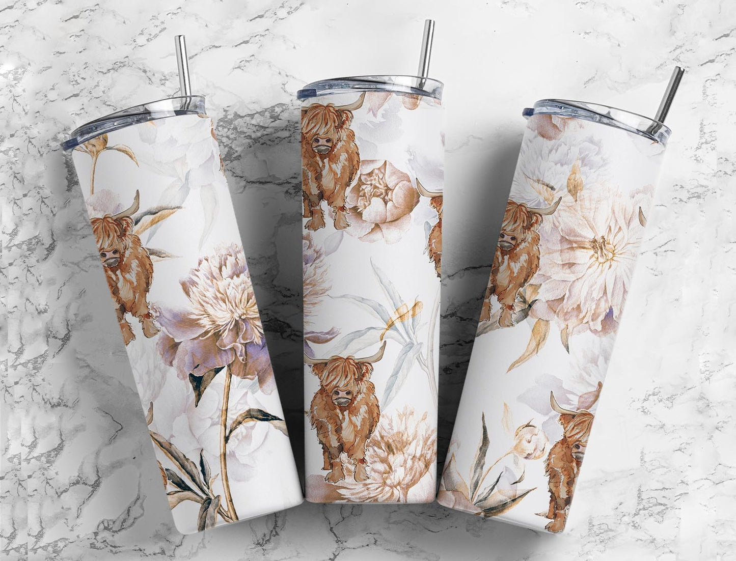 Watercolor floral Highland cow 20oz skinny tumbler featuring adorable Highland cattle surrounded by soft neutral flowers on a white background with a stainless steel straw and clear lid.