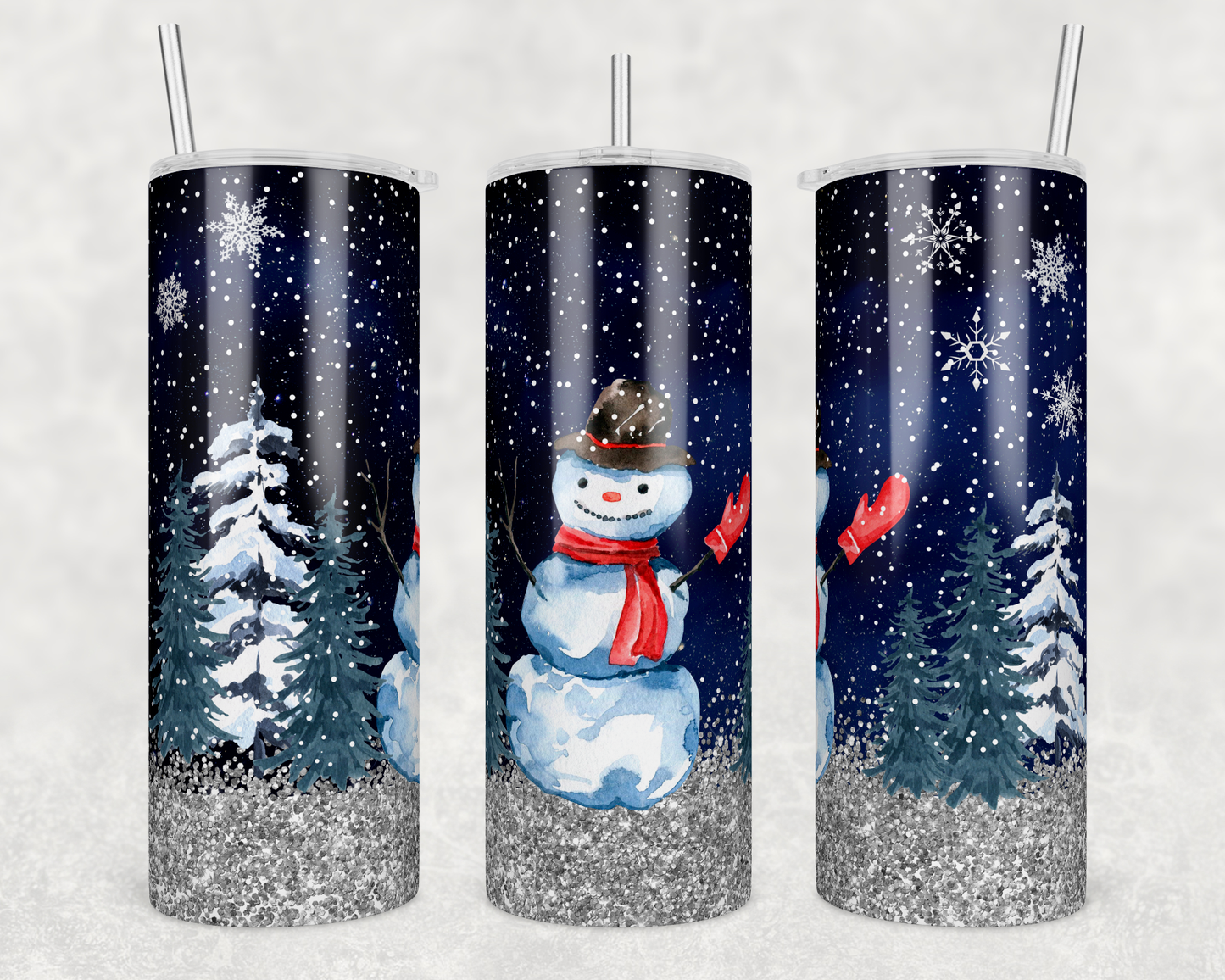 20oz tumbler featuring a watercolor snowman with a red scarf and hat against a dark starry snow scene and faux silver glitter base.
