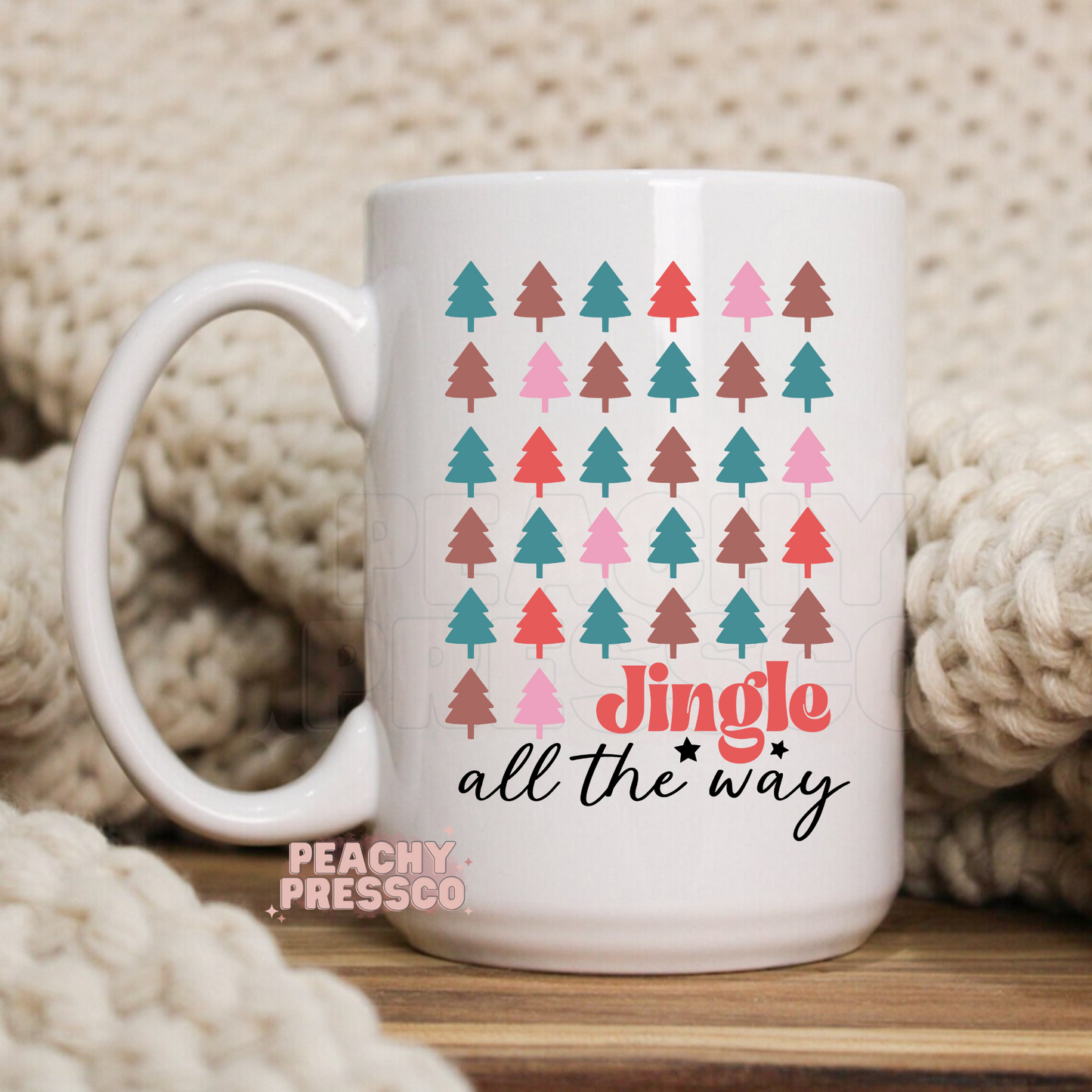 Jingle All The Way Mug – Cute Colorful Christmas Tree Holiday Cup