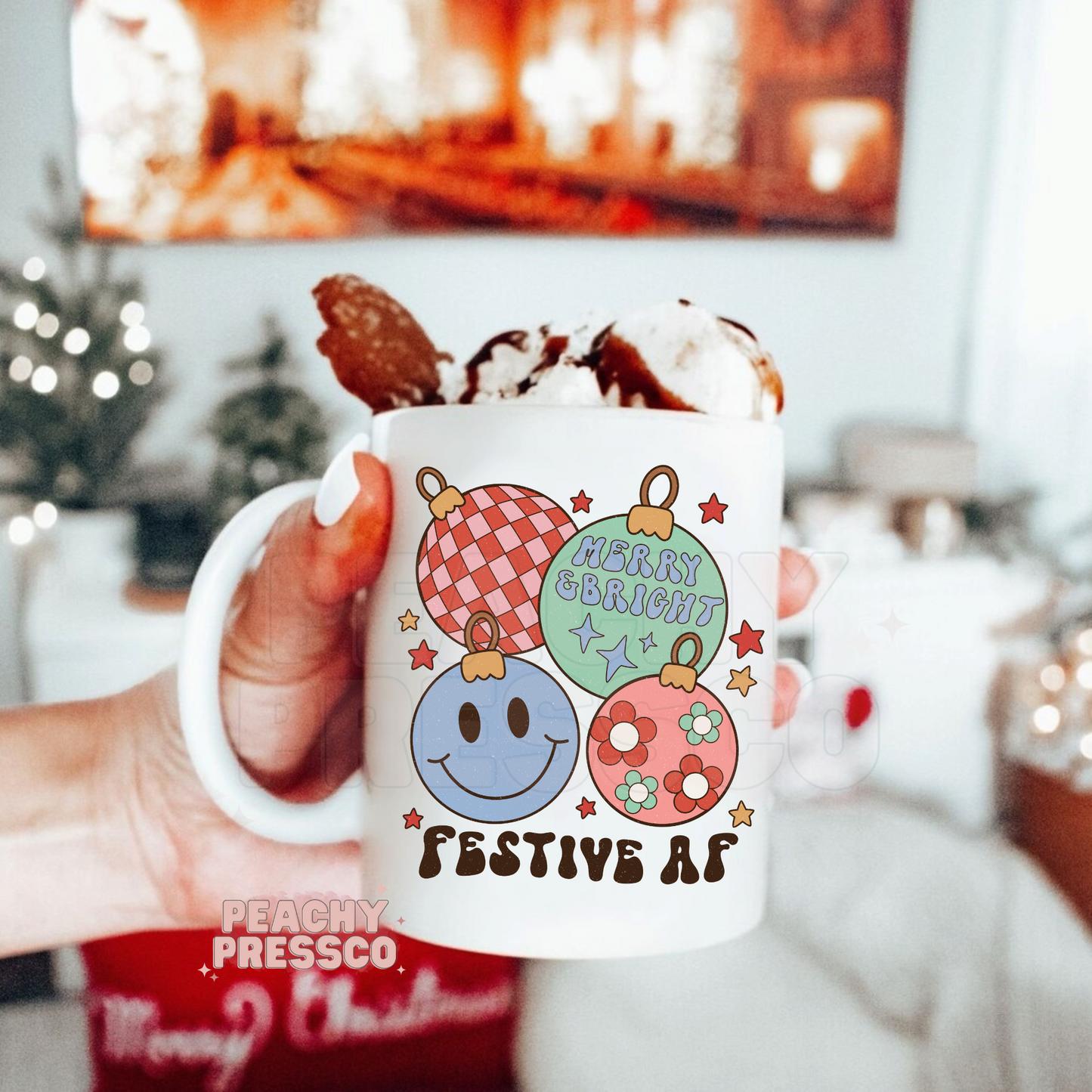 Festive AF Christmas Mug – Retro Ornaments & Holiday Vibes Cup