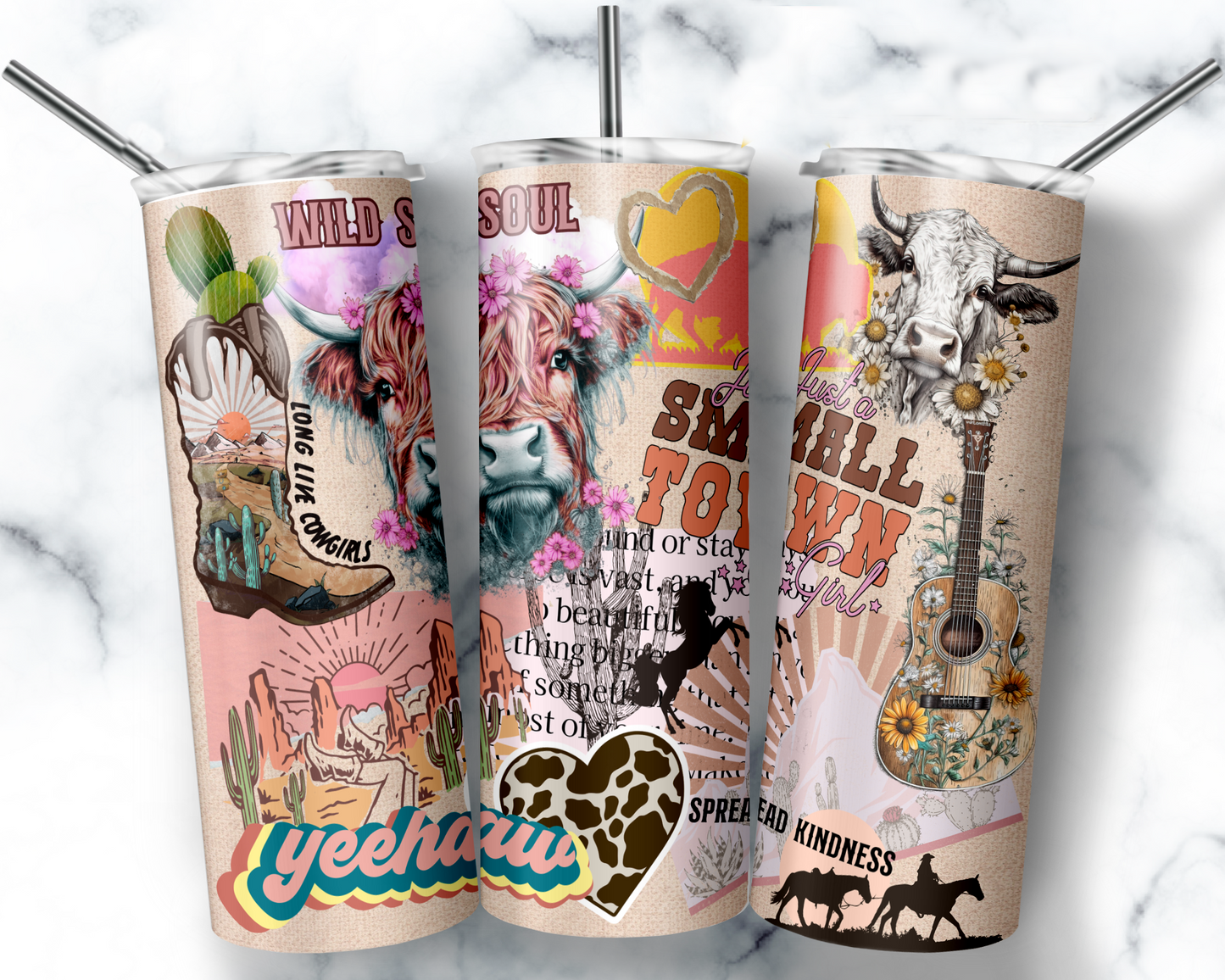 Wild Soul western tumbler with Highland cow, cowboy boots, cacti, guitar, desert scenery, and cowgirl-inspired artwork.