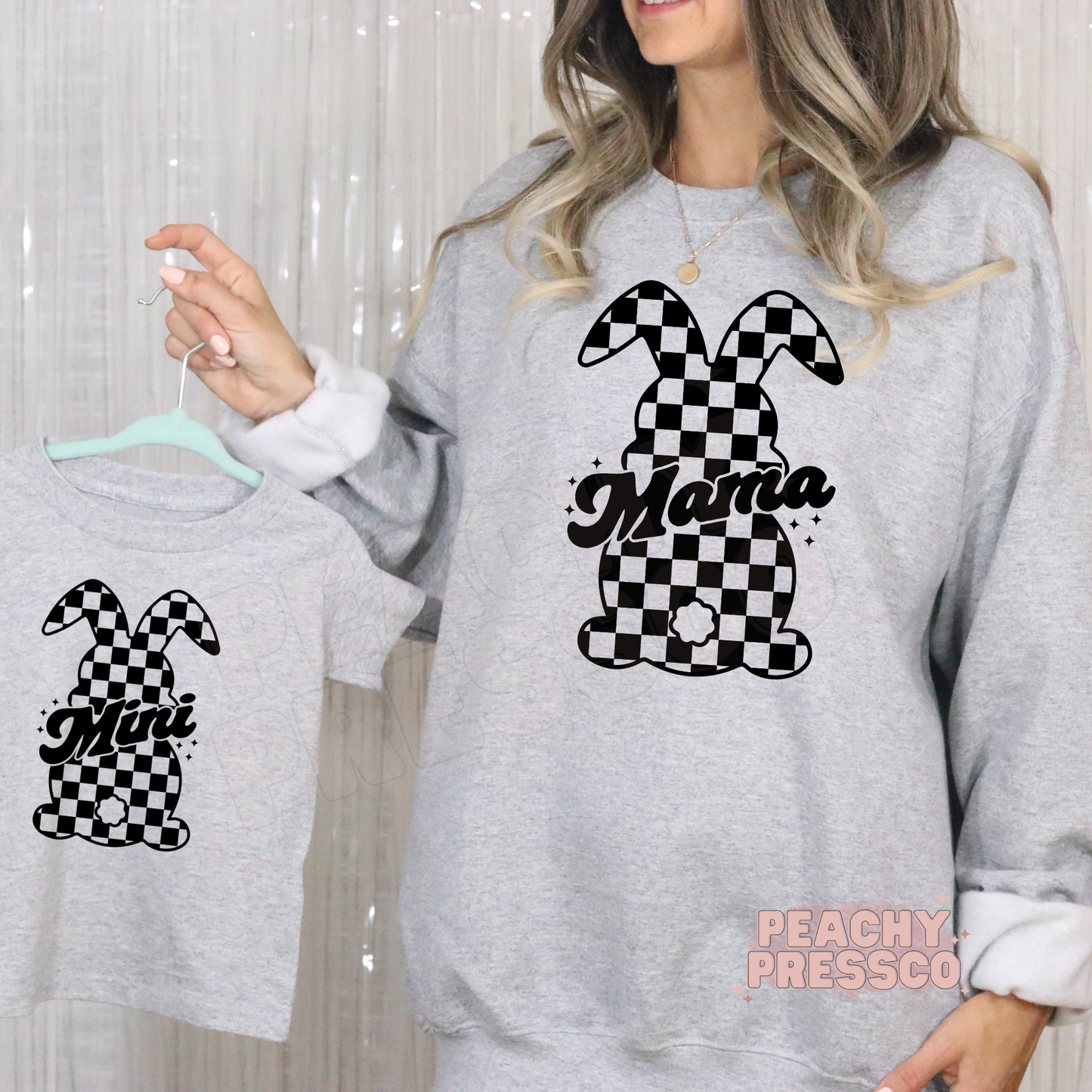 Grey Mama and Mini matching sweatshirt and tee with black checkered bunny design, cozy Easter mom and mini outfit