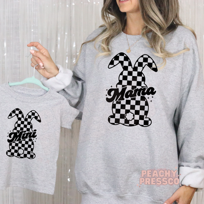 Grey Mama and Mini matching sweatshirt and tee with black checkered bunny design, cozy Easter mom and mini outfit
