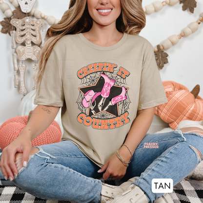 Creepin It Country Sweatshirt – Pink Cowgirl Boot Halloween Crewneck – Cozy Western Pullover, Apparel