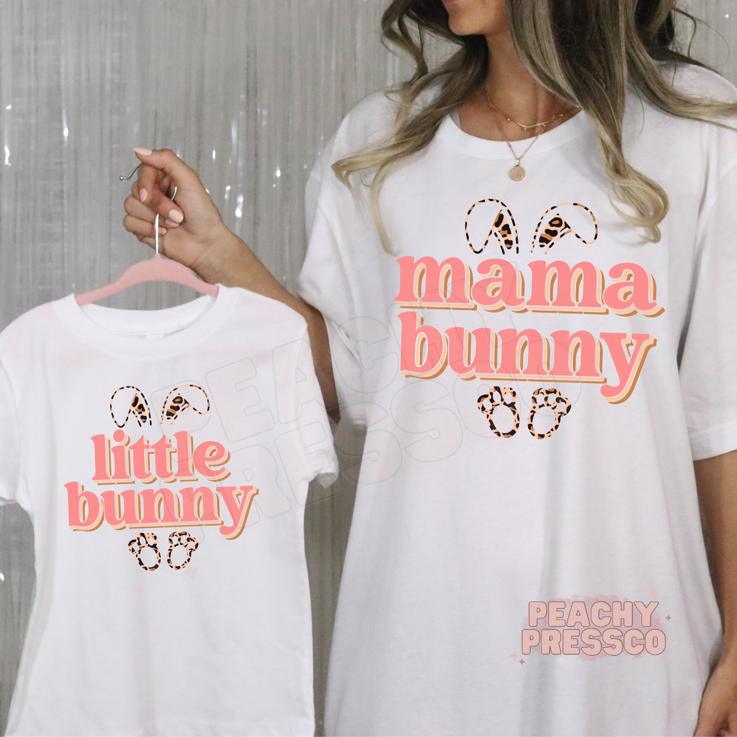 Mama Bunny and Little Bunny matching white t-shirts with leopard print bunny ears design, mom and mini Easter outfit