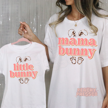 Mama Bunny and Little Bunny matching white t-shirts with leopard print bunny ears design, mom and mini Easter outfit