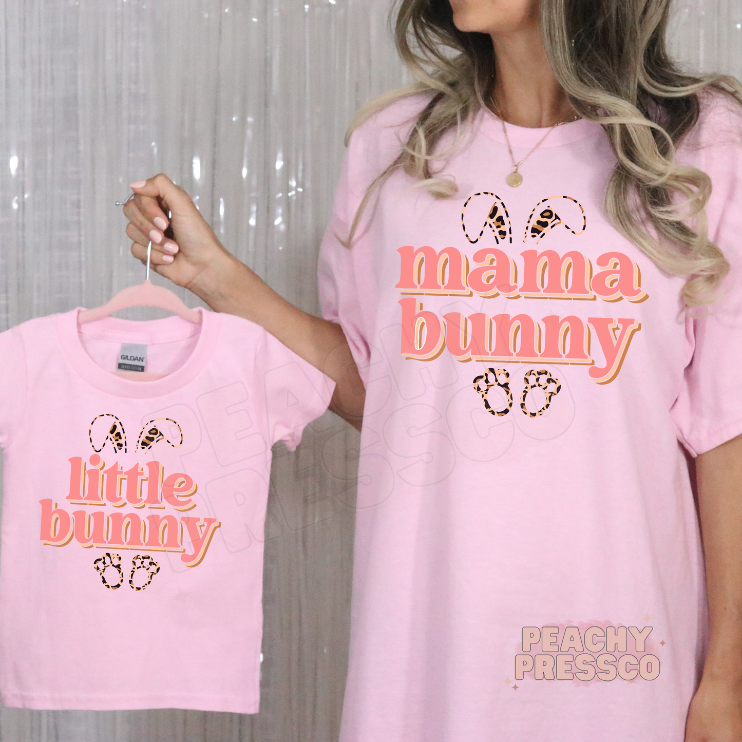 Pink Mama Bunny and Little Bunny matching shirts with leopard bunny ears, cute mom and mini Easter outfit