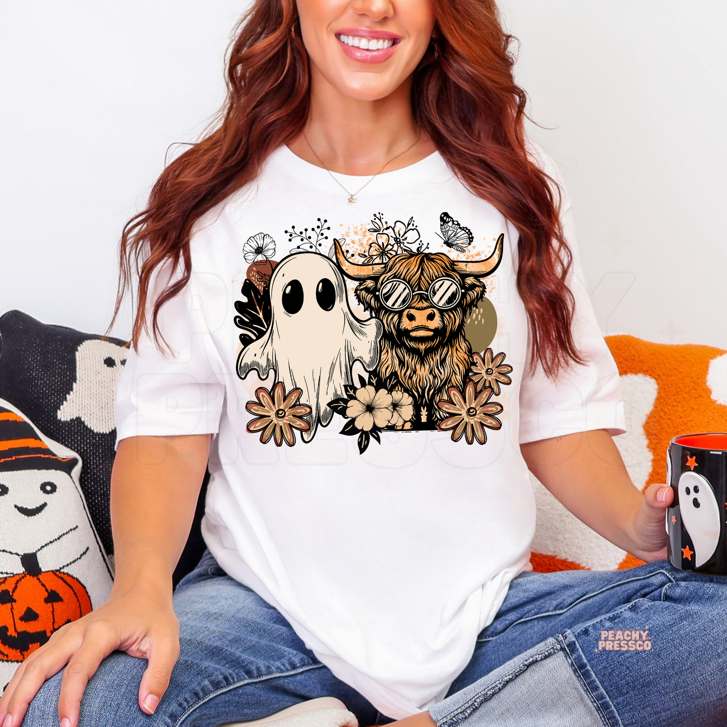 Boho Ghost & Highland Cow Halloween Shirt | Cute Fall Floral Cowgirl Apparel