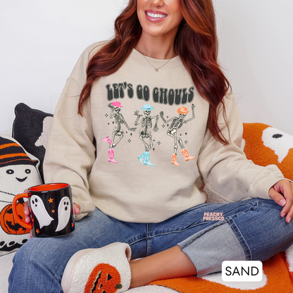 Let’s Go Ghouls Western Sweatshirt – Dancing Skeleton Cowgirl Halloween Crewneck, Apparel